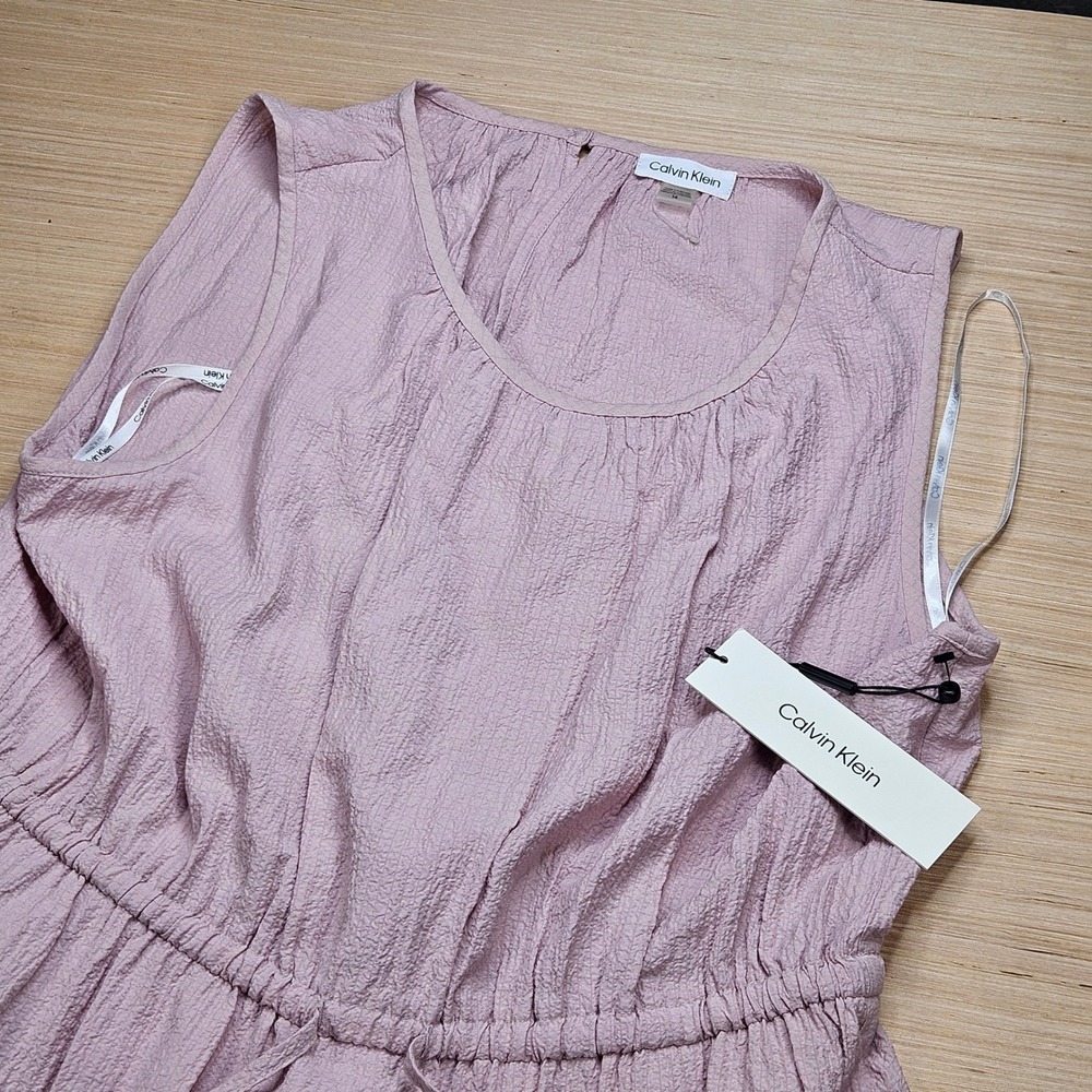 Calvin Klein Seersucker Tiered Midi Dress Women 14 Pink Sleeveless NEW